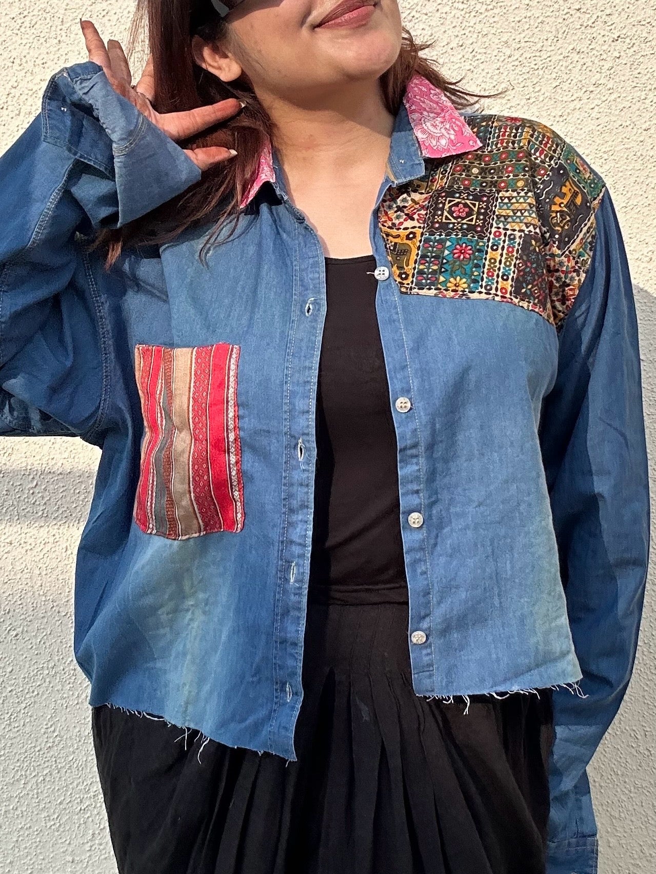 Denim Crop Patchwork Shirt