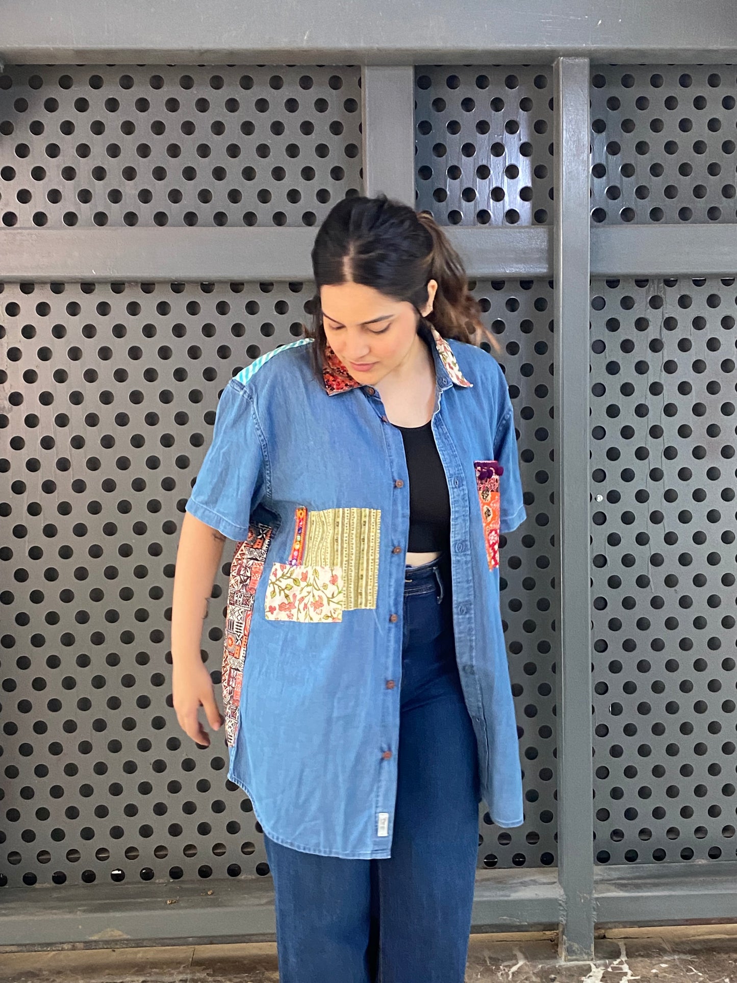 Patchwork denim unisex shirt
