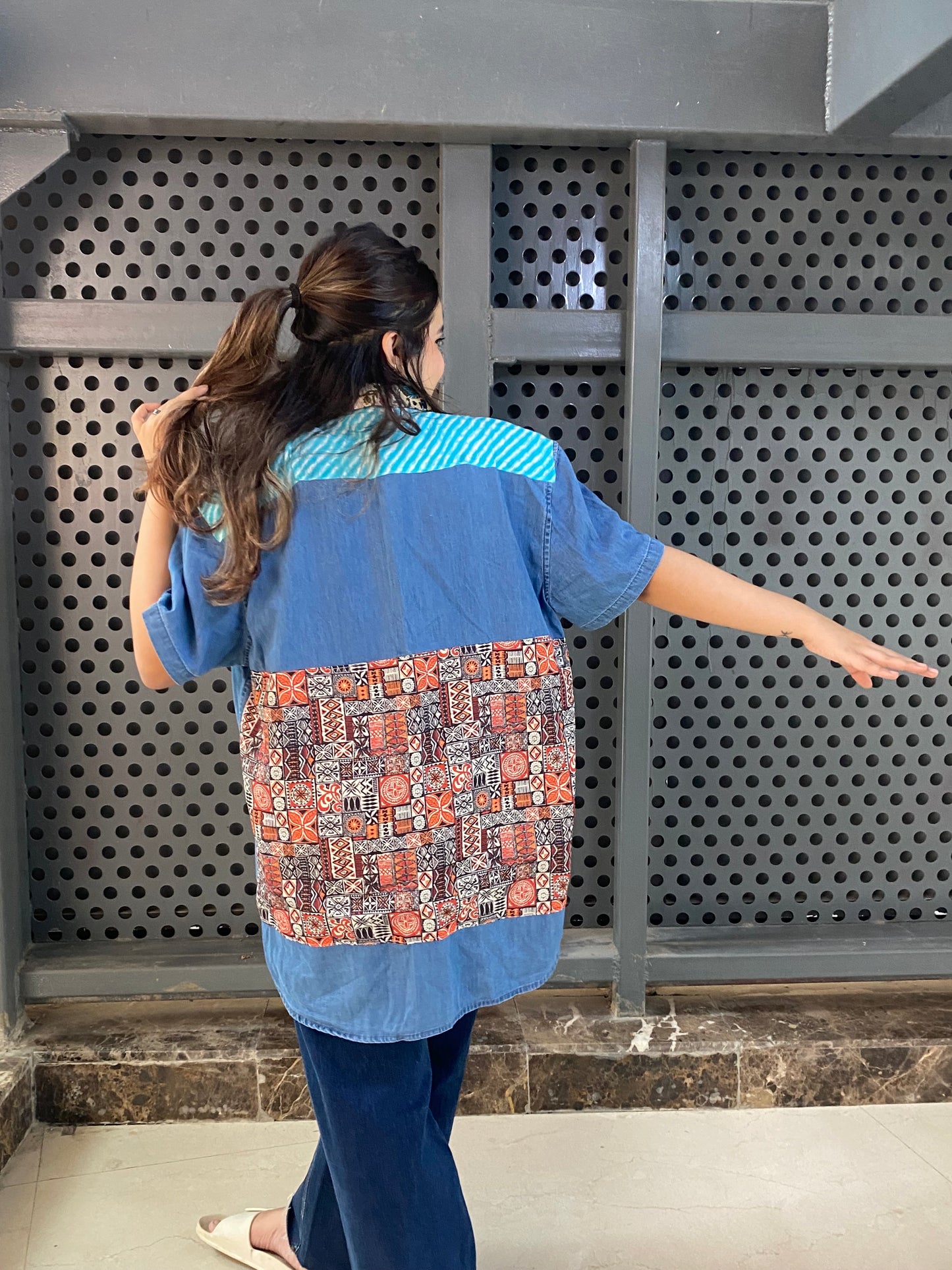 Patchwork denim unisex shirt