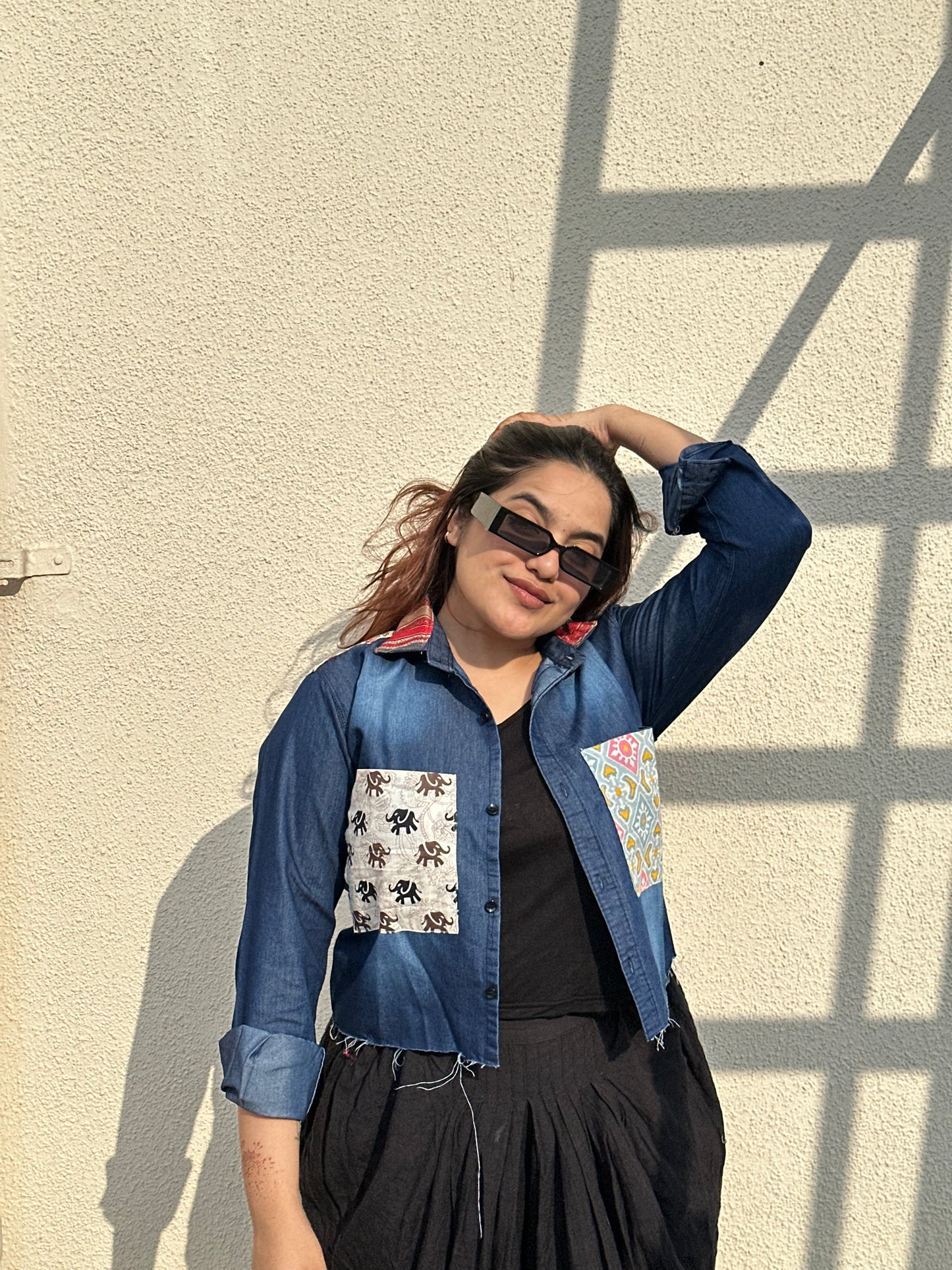 Crop Denim Patchwork Shirt