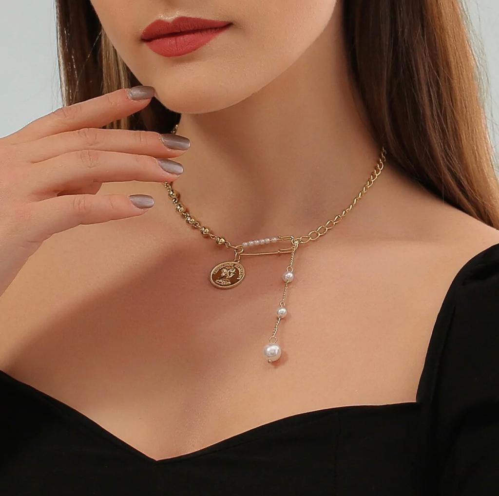 Safety pin pearl necklace