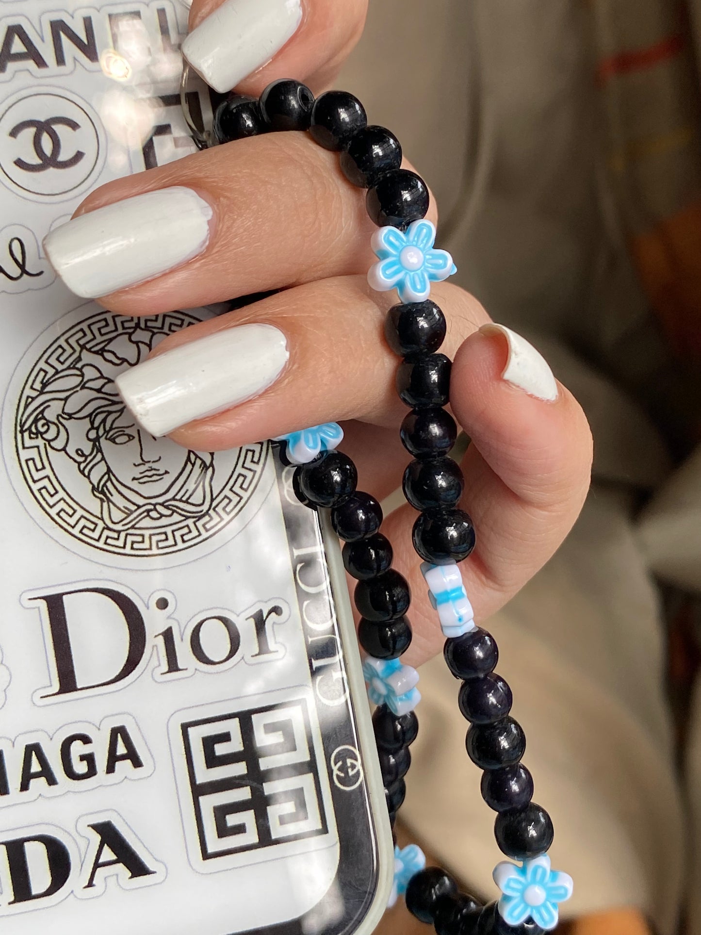 Black PhoneCharm with Blue flowers