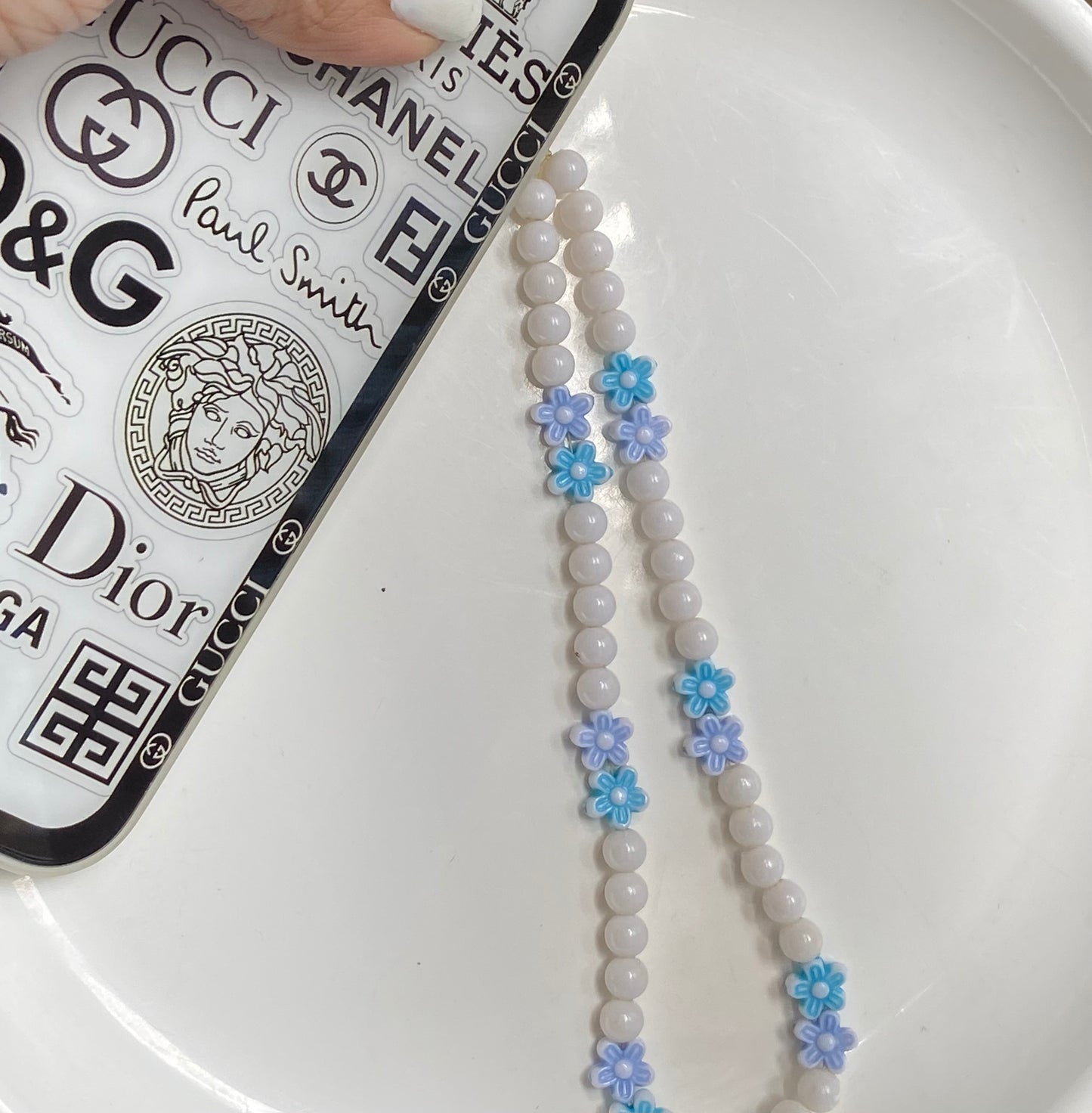 White PhoneCharm with blue flowers