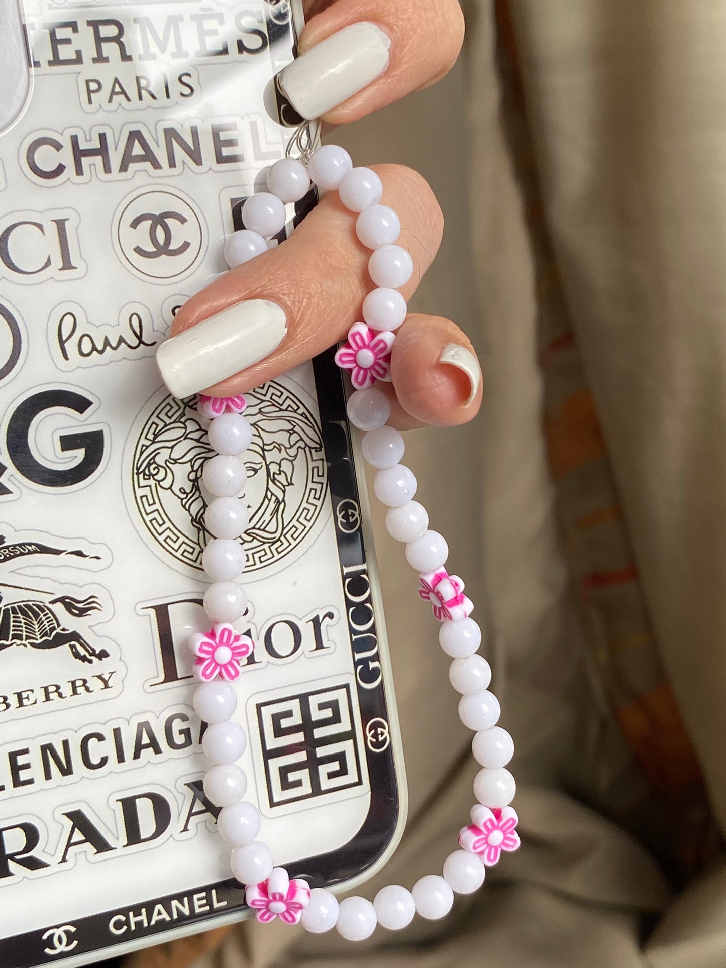 White PhoneCharm with pink flower