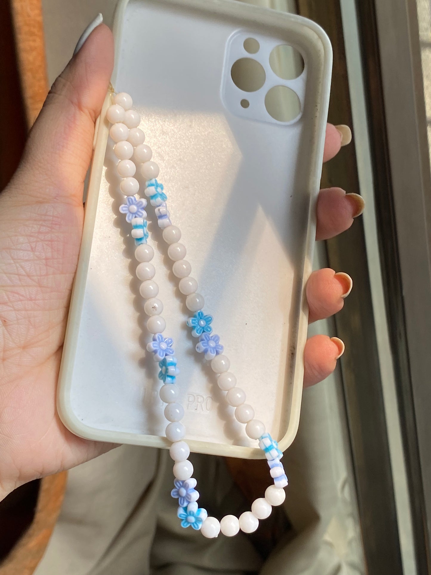 White PhoneCharm with blue flowers