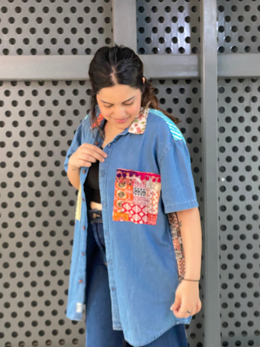 Patchwork denim unisex shirt