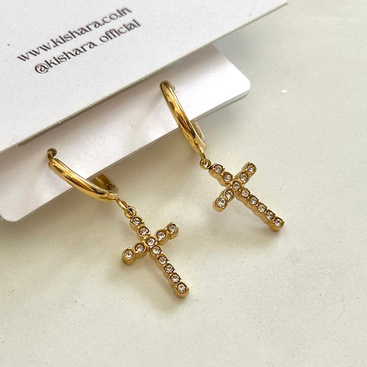 CROSS STUDDED EARRINGS | 18K GOLD PLATED